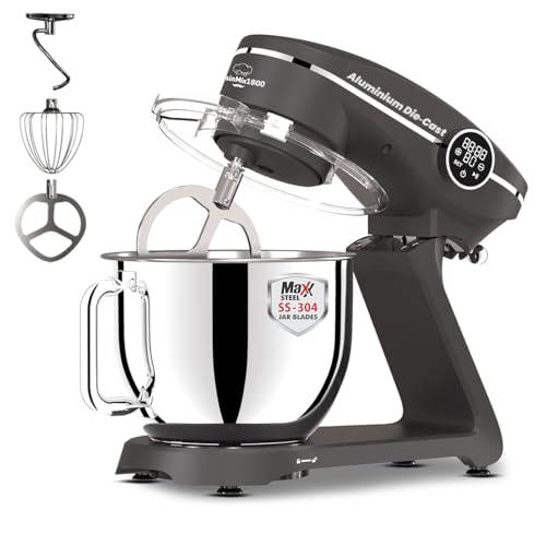 INALSA Stand Mixer Cuisin Mix 1800|Metal Die-Cast Body|1800W Copper Motor|Durable Metal Gears|7 L SS Bowl|Digital Timer|Stainless Steel 304 Grade Acce