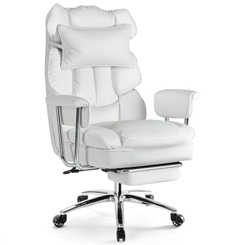 Sweetcrispy Executive Home Office Desk Chair - Ergonomic Big Tall High Back with Footrest & Lumbar Support, Reclining Height Adjustable, Comfy PU Leather Computer Gaming with Swivel Wheels, White