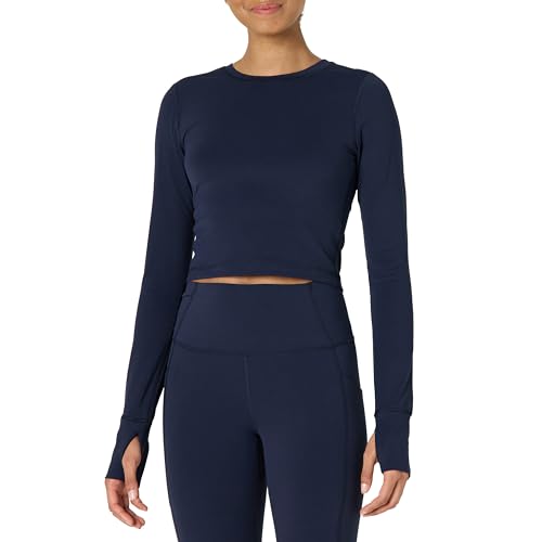 Amazon Essentials Women's Active FormFlex Buttery Soft Long Sleeve Slim Fit Crop Layering Workout Top, Navy, X-Small