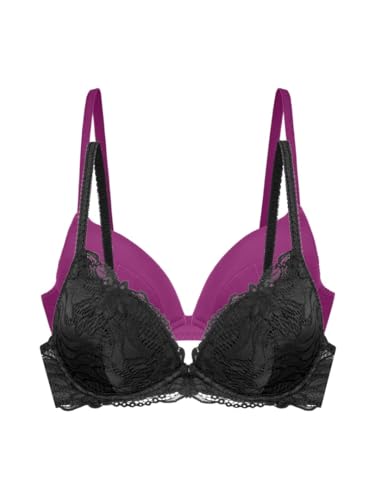 ⚡ BLITZDEAL (-80%) Dorina 2er-Pack Push-Up Plunge BHS Angie – Spitze & Microfaser, Herausnehmbare Kissen, Bügel-Support, Schwarz & Fuchsia