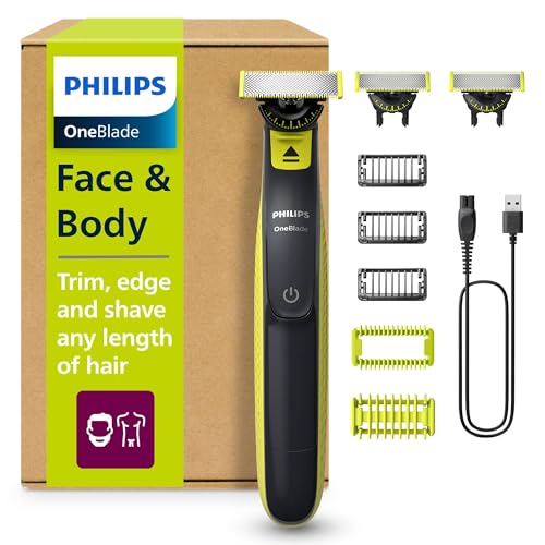 (-36%) PHILIPS OneBlade 360 Face & Body - elektrischer Rasierer, Trimmer & Bodygroomer, 3x 360 Klingen, 3x Trimmaufsätze (1/3/5 mm), 2x Körperaufsätze, Nass- & Trockenrasur für Gesicht & Körper (QP2824/31)