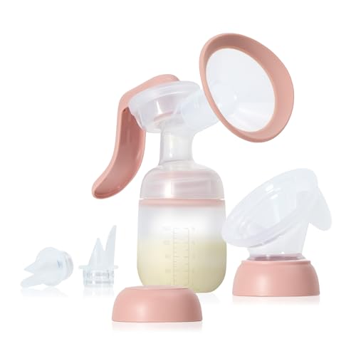Frida Mom 2-in-1 Manual Breast Pump with Hands-Free Silicone Suction Cup, Milk Collector, Wireless Ergonomic Handle, and SoftFeel Flange for Breastfeeding
