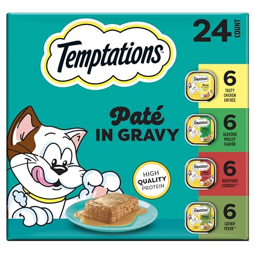 Temptations Pate in Gravy Adult Wet Cat Food Tasty Chicken Entree, Seafood Medley, Backyard Cookout, and Catnip Fever, 3.5 oz. Trays (24 Count, Pack of 1)