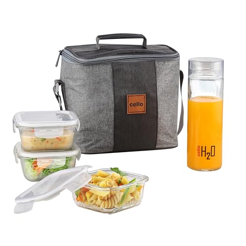 Glassy Square Lunch Box with Jacket for Office, Transparent | 3 x 320ml Containers & 1 x 500ml Glass Bottle, Microwave Safe Leadfree Toughened Glass, 
