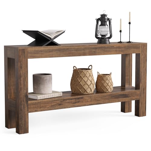 LITTLE TREE 63-Inch Narrow Long Console Table for Living Room, Farmhouse Wood Entryway Table for Hallway, Sofa, Entry, Entrance, Foyer, Behind Couch with 2-Tier Shelves, Brown