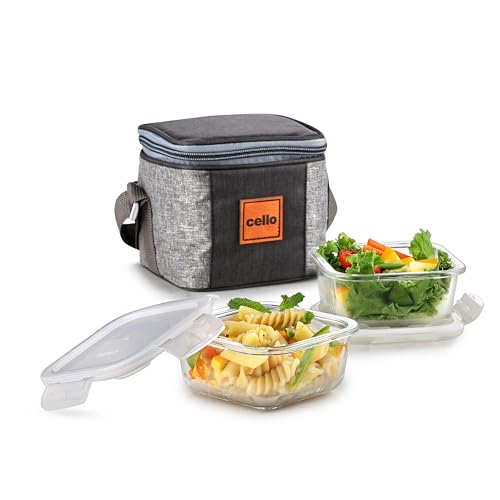 CELLO Glassy Square Lunch Box Set of 2 Pcs (320ml x 2) with Jacket For Office, Transparent | Microwave Safe Leadfree Toughened Glass, Airtight Leakpro