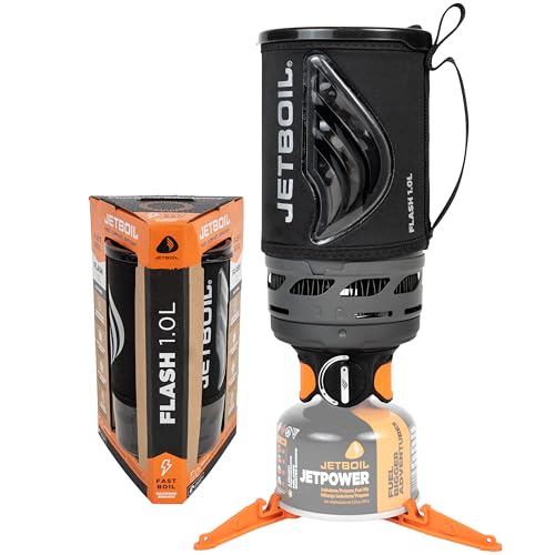 Jetboil Flash 1.0L Portable Fast Boil Stove for Camping and Backpacking with 1-Step Auto Ignition, New for 2025, Propane/Isobutane Burner with Cooking Cup, Carbon