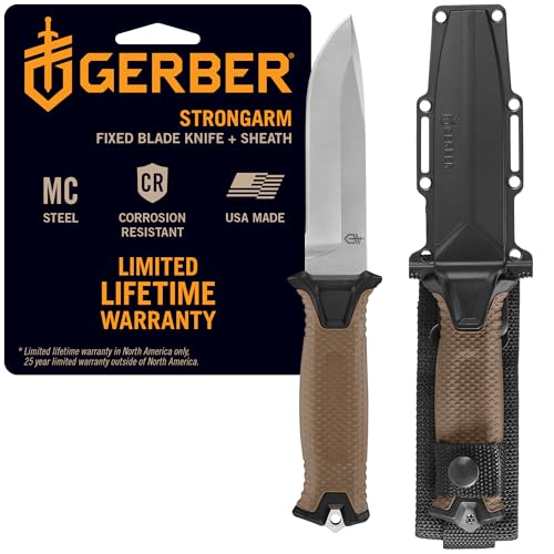 Gerber Gear StrongArm Magnacut - Fixed Blade Survival Tactical Knife for Camping, Outdoor, Hunting - Ergonomic Utility Tool with Sheath - Made in USA - Coyote Brown, Plain Edge
