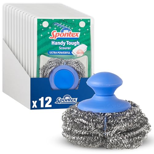 Spontex Handy Tough Kitchen Scourers | Wire Wool Pan with Handle | 90% Recycled Rust-Free Stainless Steel | Cleans Ovens, BBQs, Glass Dishes & Jugs |