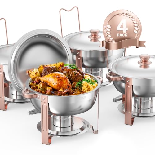 VEVOR Chafing Dish Buffet Speisenwärmer mit 4 Behältern in voller Größe (4,7 L pro), runder Catering-Wärmespender mit Deckel & Wasserpfanne & klappbarer Ständer