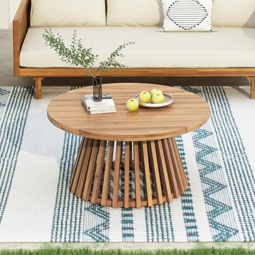 Merax Patio Outdoor Acacia Wood Round Coffee Table for Backyard, Lawn, Balcony Light Teak