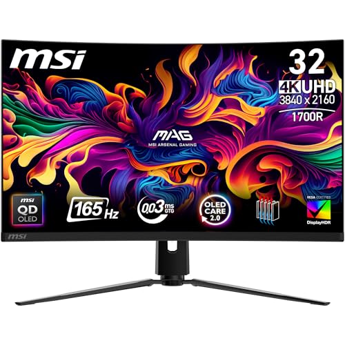 (-33%) MSI MAG 321CUPDE QD-OLED 32 Zoll UHD Curved Gaming Monitor - 1700R, 3840 x 2160 Quantum Dot OLED Panel, 165Hz / 0,03ms, 99% DCI-P3, Delta E≤2, DisplayHDR True Black 400, DP 1. 4a, HDMI 2.1, USB Type-C