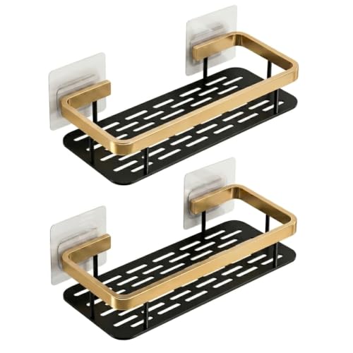 Arto Wall Mounted Shelf | Self-Adhesive Aluminium Rack for Bathroom & Kitchen | Drill-Free, Rustproof, Heavy Duty Holder | 13x30x5.5 cm | Black/Gold (