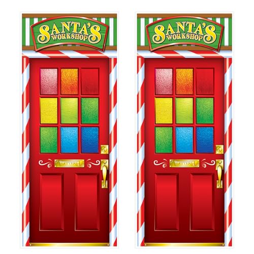 Beistle Santa's Workshop Door Covers, 2-Count, Christmas Holiday Decoration, Indoor and Outdoor Use, Festive Red North Pole Entryway Banner, Santa's House Party Prop, 6’ x 30”