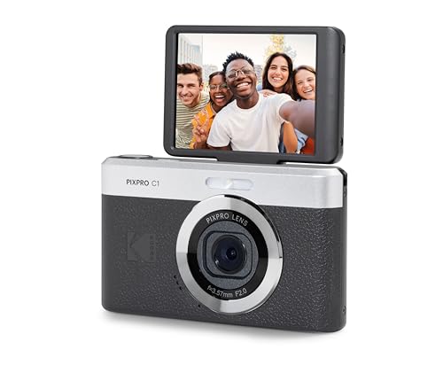 KODAK PIXPRO C1 Friendly Zoom Digital Camera - 13MP Compact Point and Shoot with 2.8” 180° Tilt LCD Flip Screen, Retro Vintage Design with 4X Zoom and 1080P Full HD Video for Travel, Vlogging, Black