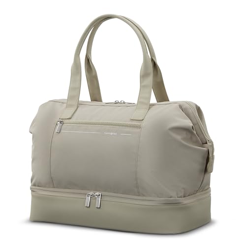 Samsonite Better Than Basics Weekender Duffle – Drop Bottom Travel Bag with 14” Laptop Compartment, SmartSleeve™ Strap, Adjustable Shoulder Strap, Durable RPET Lining, Limestone Grey