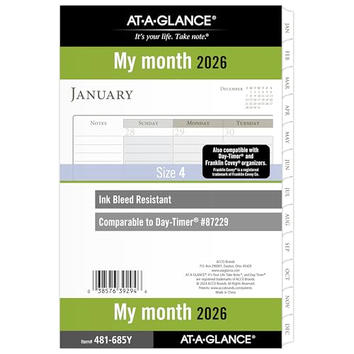 AT-A-GLANCE 2026 Planner Refill, Monthly, 5-1/2" x 8-1/2", Desk Size 4, Loose-Leaf, Ruled Blocks (481-685Y-26)