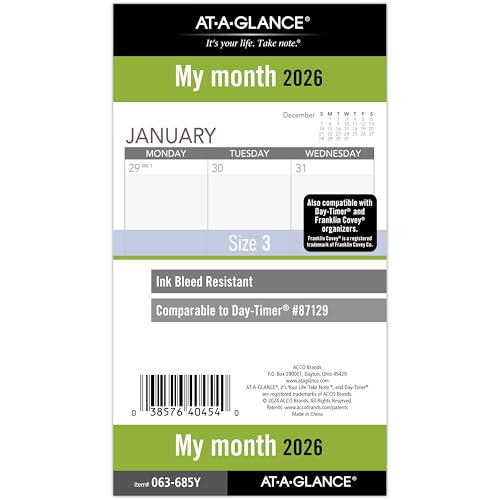 AT-A-GLANCE 2026 Planner Refill, Monthly, 3-3/4" x 6-3/4", Portable Size 3, Loose-Leaf (063-685Y-26)