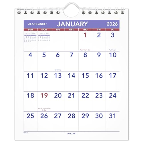 AT-A-GLANCE 2026 Wall Calendar, 6-1/2" x 7-1/2", Mini, Unruled Blocks (PM52826)