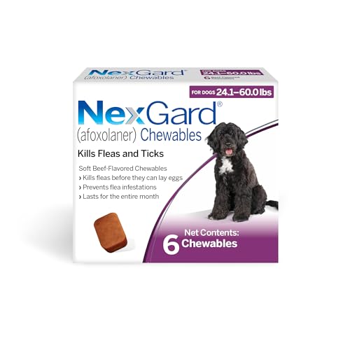 NexGard® (afoxolaner) Flea and Tick Protection for Dogs Oral Soft Beef Flavored Chewables, 24.1 to 60 lbs. (Purple Box) 6 Chews (6 Month Supply)