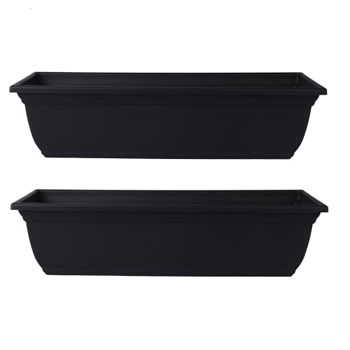 The HC Companies Mojave Rectangular Planter Box w/Drainage Holes - Long Planter Box for Windowsills, Balconies & More - Plastic Large Outdoor Planters for Herbs & Flowers (24" Black, Pack of 2)