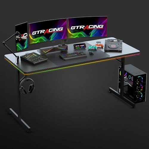 GTRACING Gaming Desk 55 Inch with LED Lights, Large Computer Desk with Mouse Pad for Home Office, T-Shaped Carbon Fibre Surface PC Game Workstations with Headphone Hook
