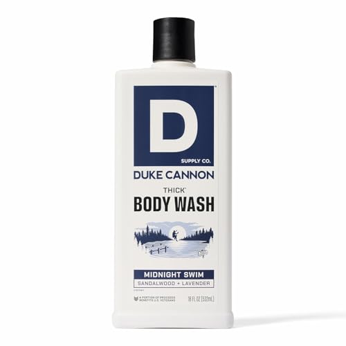 Duke Cannon Supply Co. Thick High Viscosity Body Wash - 3X Thicker, Plant-Based, Mineral-Enriched Body Wash for Men - Sandalwood and Lavender - Mens Body Scrub - Midnight Swim (18 oz)