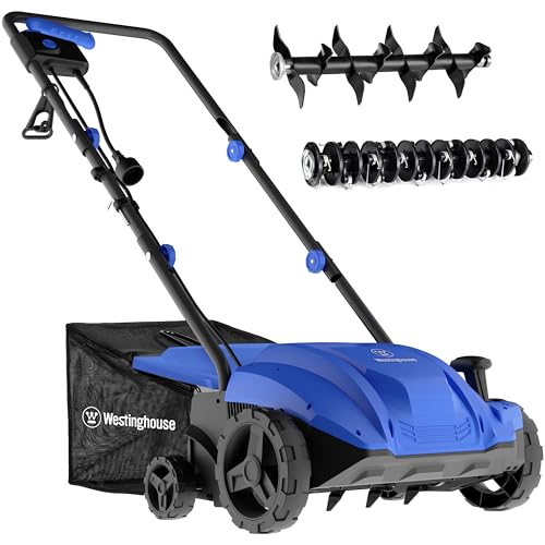 Westinghouse 13-Inch 12 Amp 2-in-1 Corded Lawn Electric Dethatcher and Scarifier with 8 Gallon Thatch Collection Bag, 4-Position Depth Adjustment, Foldable Handle, for Lawn, Yard and Grass