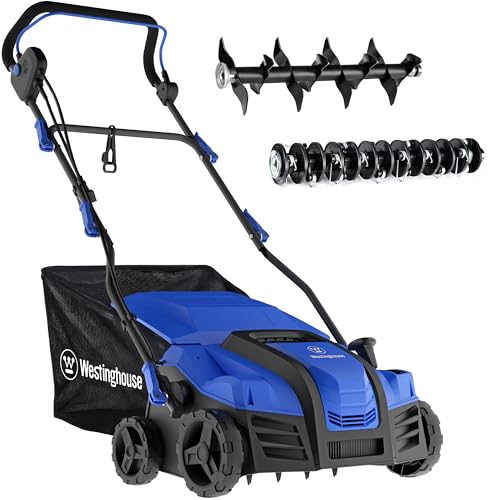 Westinghouse 16-Inch 15 Amp 2-in-1 Corded Lawn Electric Dethatcher and Scarifier with 14.5 Gallon Thatch Collection Bag, 5-Position Depth Adjustment, Foldable Handle, for Lawn, Yard and Grass