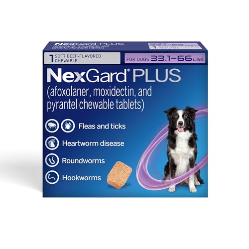 NexGard Plus (afoxolaner, moxidectin, and pyrantel) Flea and Tick Protection & Heartworm Preventive for Dogs Soft Beef Flavored Chewables, 33.1-66 lbs. (Purple) 1 Chew (1 Month Supply)