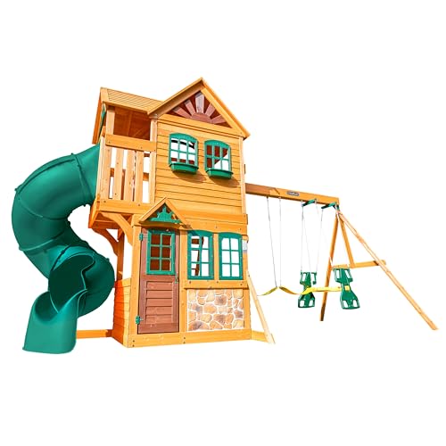 KidKraft Buffalo Crossing Wooden Swing Set with Playhouse, Rock Wall, Tube Slide and Glider