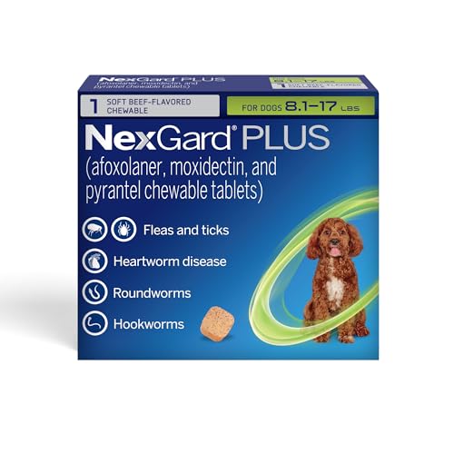 NexGard Plus (afoxolaner, moxidectin, and pyrantel) Flea and Tick Protection & Heartworm Preventive for Dogs Soft Beef Flavored Chewables, 8.1-17 lbs. (Green) 1 Chew (1 Month Supply)