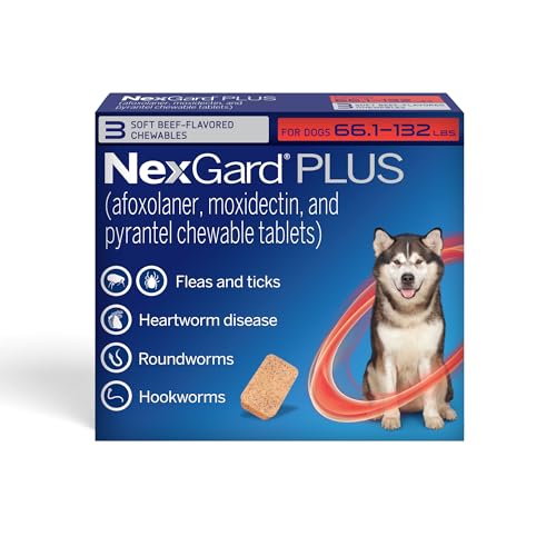NexGard Plus (afoxolaner, moxidectin, and pyrantel) Flea and Tick Protection & Heartworm Preventive for Dogs Soft Beef Flavored Chewables, 66.1-132 lbs. (Red) 3 Chews (3 Month Supply)