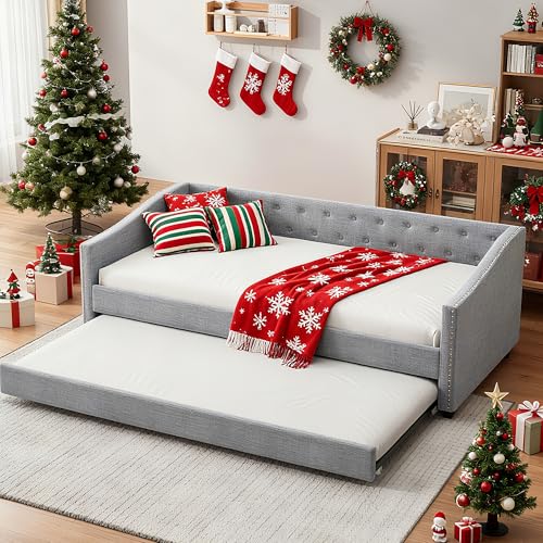 FAVSH Twin Size Upholstered Daybed with Trundle,Tufted Sofa Bed w/Button on Back and Piping on Waved Shape Arms for Bedroom Guest Room, No Box Spring Needed,Light Grey