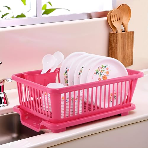 Kuber Industries Plastic Sink Dish Drainer Rack | 3 in 1 Large Durable Drainer Drying Rack Washing Basket with Tray | Home & Kitchen Dish Rack Organiz