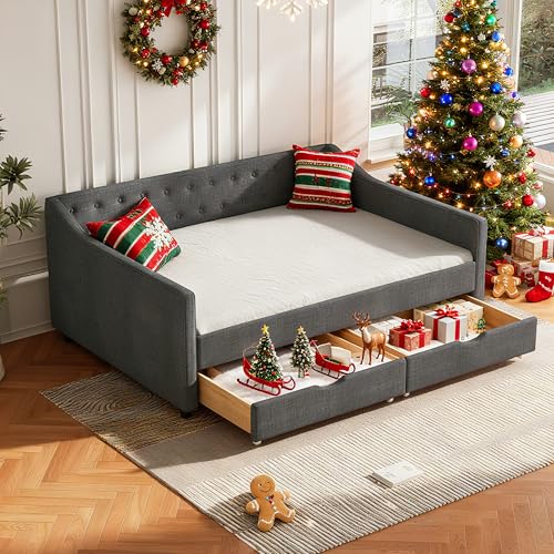 FAVSH Full Size Upholstered Daybed with Two Storage Drawers,Tufted Sofa Bed w/Button on Back and Piping on Waved Shape Arms for Bedroom Guest Room, No Box Spring Needed,Dark Grey