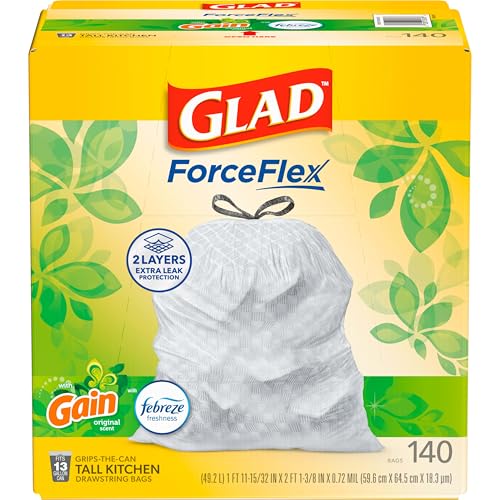 Glad ForceFlex Tall Kitchen Trash Bags, 13 Gallon, Gain Original, 140 Count (Package May Vary) : Health & Household