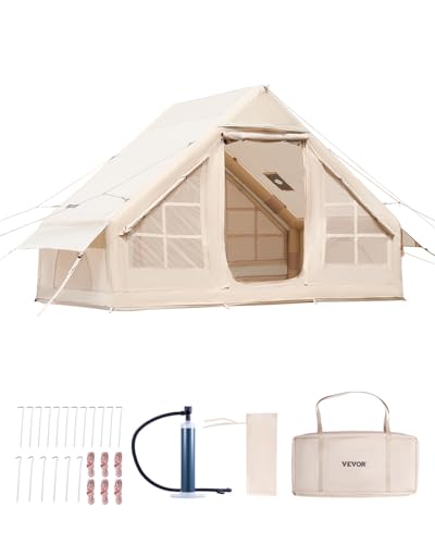VEVOR Inflatable Tents for Camping, 3-5 Person Easy Setup Blow up Tent with Hand Pump, 300D Oxford 4 Season Glamping Tent with Stove Jack 2 Doors & 2 Mesh Windows, Storage Bag Included for Easy Taking