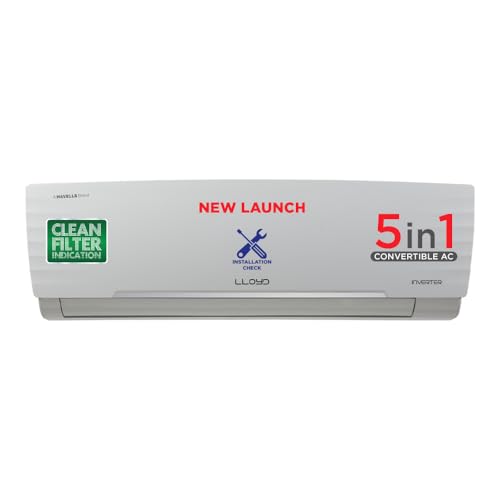 Lloyd 1.5 Ton 5 Star, Inverter Split AC (5 in 1 Convertible, Cools Even at 52°C, Smart 4 Way Air Swing, Turbo Cool, Anti Corrosion Coating, 100% Coppe