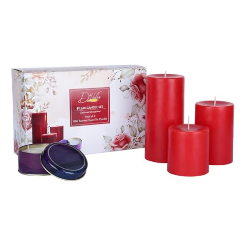 Pack of 3 Unscented Red Pillar Candles | Burn Time 50/65/80 Hours | Bonus 3oz Scented Travel Tin | Long-Lasting Paraffin Wax Candles for Home Décor, F