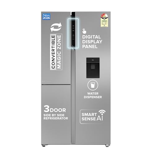 Haier 592L Frost Free 3-Door Water Dispenser 3 Star Side by Side Refrigerator,Convertible,Wi-Fi,Inverter,Digital Display Panel,Deo Fresh Technology (H