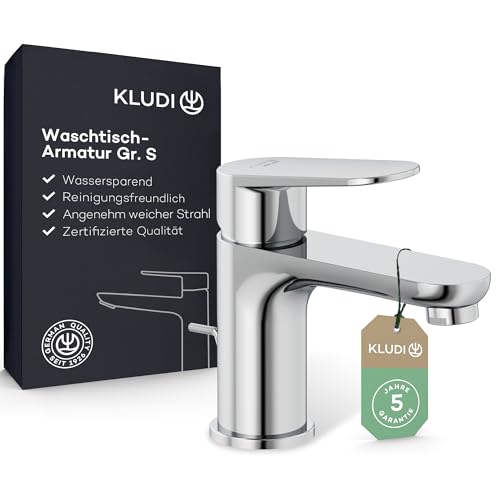 (-13%) KLUDI-X1 Wasserhahn Bad mit Zugstangen-Ablauf, Auslaufhöhe 75 mm, wassersparende Waschtischarmatur Größe S, Keramikkartusche, Mischbatterie Waschbecken inkl. Anschlussschläuche in Chrom