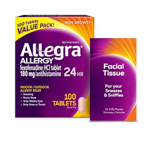 Allegra Adult 24-Hour Allergy Relief Tablets with Bonus Tissue Pack, Non-Drowsy Indoor and Outdoor Allergy Medicine, 180 mg Fexofenadine HCI Antihistamine Pill, 100-Count