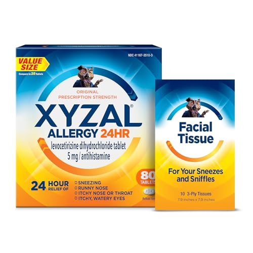 Xyzal 24 Hour Allergy Relief Medicine with Bonus Tissue Pack, Original Prescription Strength Antihistamine Pill, Levocetirizine Dihydrochloride Tablets, 5 mg, 80 Count
