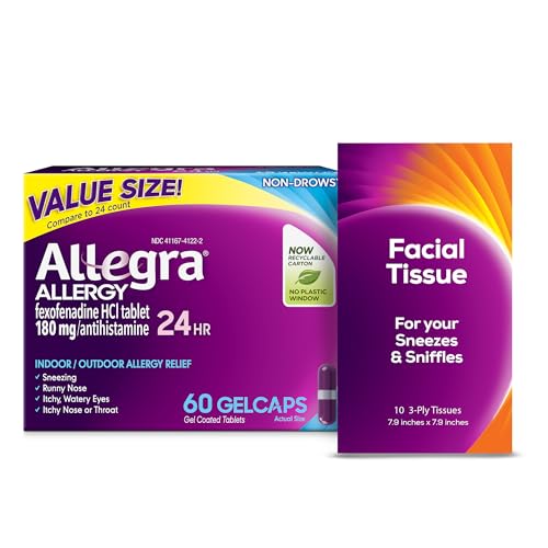 Allegra Adult 24-Hour Allergy Relief Gelcaps with Bonus Tissue Pack, Non-Drowsy Indoor and Outdoor Allergy Medicine, 180 mg Fexofenadine HCI Antihistamine Pill, 60-Count