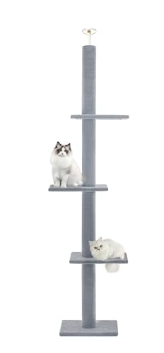 Max & Marlow 95-108" Floor to Ceiling Cat Tree for Indoor Cats, Light Grey | Adjustable Height, Space Saving, Short Plush Fabric, Stable Tension Pole