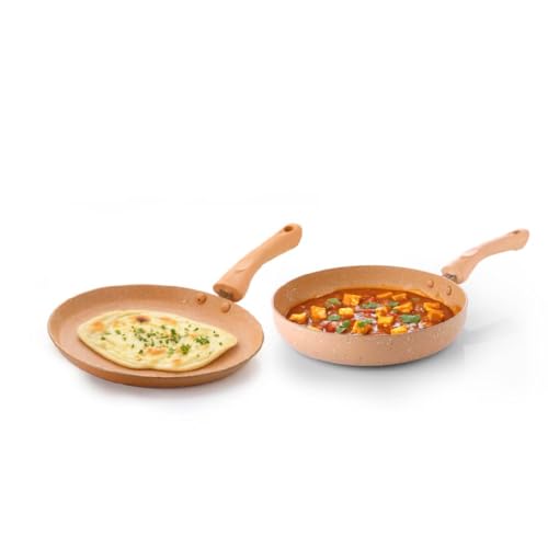 Crystal Marbo Plus Induction Bottom 2 Pc Nonstick cookware Set | Tawa 250 mm + Fry Pan 250 mm | Thickness: 3mm | 5 Layer Coating | Metal Spoon Friendl
