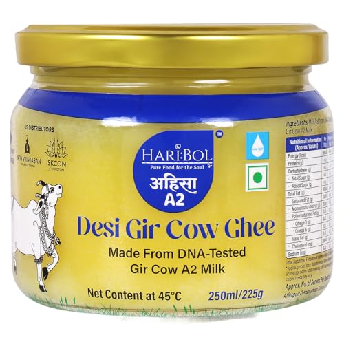 HARI:BOL Pure A2 Gir Cow Ghee 250 Ml | 100% Natural Pure Desi Cow Ghee | Natural Grazing & DNA-Tested | Supports Lactose Intolerants | ISKCON TOVP | G