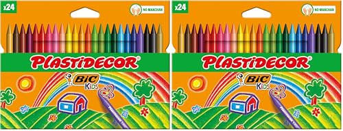 BIC Kids Ceras de Colores para Niños, Óptimo para material escolar,Plastidecor, Colores Vivos Surtidos, Ideal para colorear, 24 Ceras (Paquete de 2)