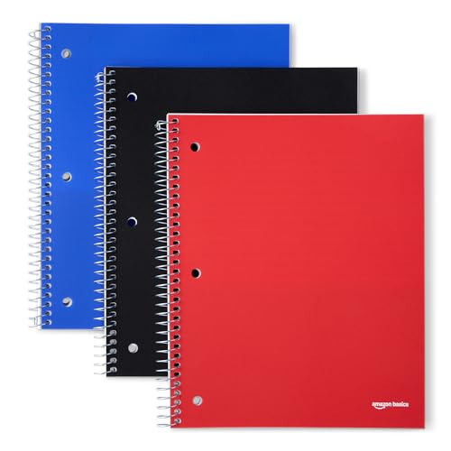 Amazon Basics 1 Subject College Ruled Spiral Notebook Poly Cover,100 Sheets, 8-1/2" x 11", 3 pack, Assorted Primary Colors